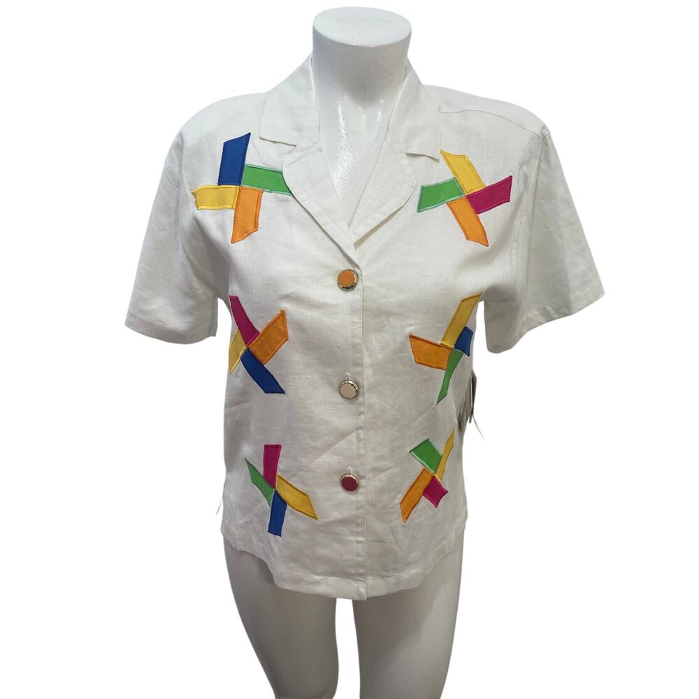Vintage 80s Amelia Austin  graphic embroidered Linen Button Up Shirt Size   L